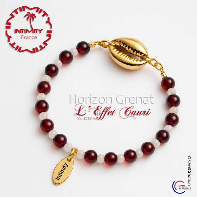 bracelet femme grenat et cauri or