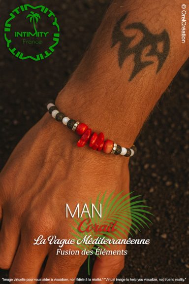 Fusion des éléments Un poignet masculin avec un bracelet coloré et un tatouage sur l'avant-bras.